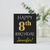 ブラック、フェイク金ゴールド8誕生日+名前をカスタムする ポストカード (スタンド正面)