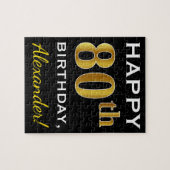 ブラック、フェイク金ゴールド80番目の誕生日+名前をカスタムする ジグソーパズル (横)