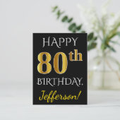 ブラック、フェイク金ゴールド80番目の誕生日+名前をカスタムする ポストカード (スタンド正面)