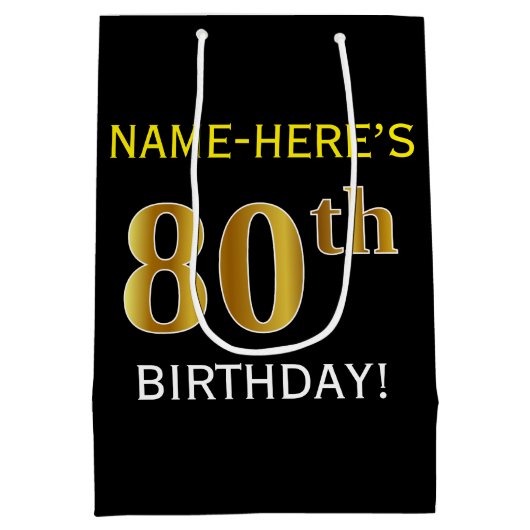 ブラック、フェイク金ゴールド80番目の誕生日+名前をカスタムする ミディアムペーパーバッグ (裏面)