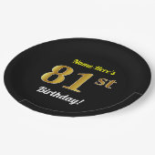 ブラック、フェイク金ゴールド81番目の誕生日+名前をカスタムする ペーパープレート (アングル)