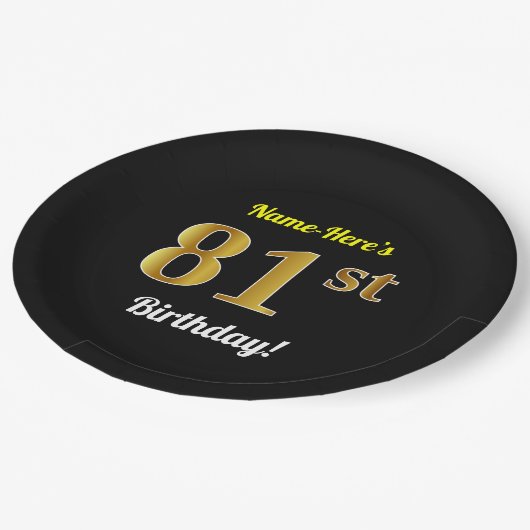 ブラック、フェイク金ゴールド81番目の誕生日+名前をカスタムする ペーパープレート (アングル)