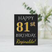 ブラック、フェイク金ゴールド81番目の誕生日+名前をカスタムする ポストカード (スタンド正面)