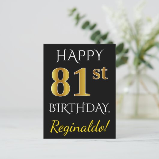 ブラック、フェイク金ゴールド81番目の誕生日+名前をカスタムする ポストカード (スタンド正面)