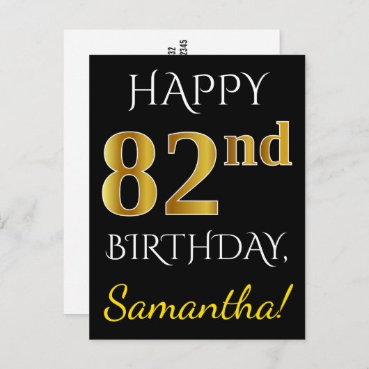 ブラック、フェイク金ゴールド82番目の誕生日+名前をカスタムする ポストカード (正面/裏面)