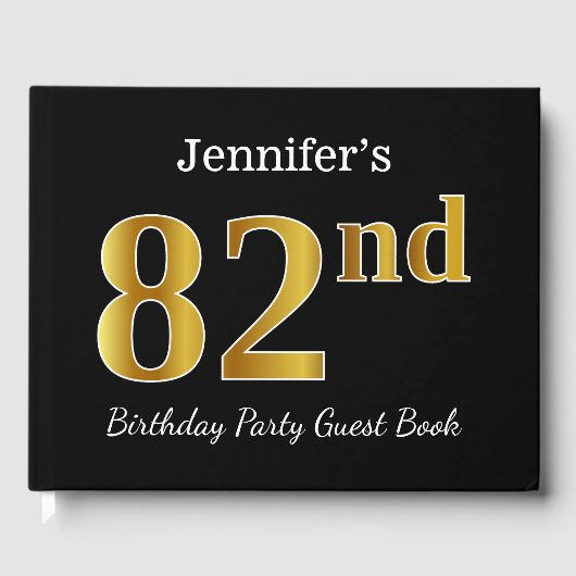ブラック、フェイク金ゴールド82nd誕生日パーティー+名前をカスタムする ゲストブック (正面)
