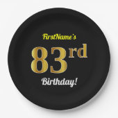 ブラック、フェイク金ゴールド83番目の誕生日+名前をカスタムする ペーパープレート (正面)