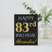 ブラック、フェイク金ゴールド83番目の誕生日+名前をカスタムする ポストカード (スタンド正面)