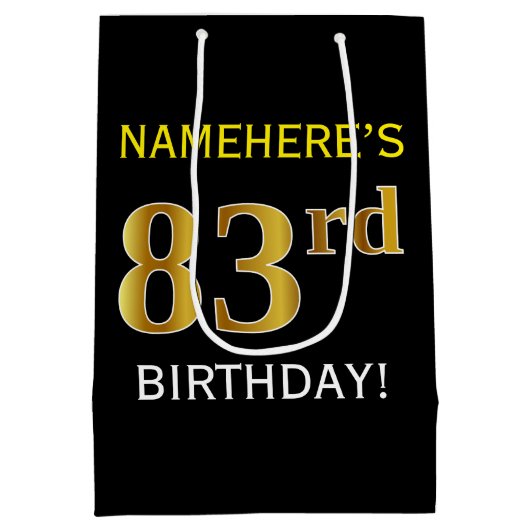ブラック、フェイク金ゴールド83番目の誕生日+名前をカスタムする ミディアムペーパーバッグ (裏面)