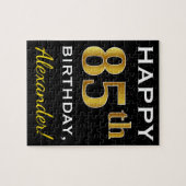 ブラック、フェイク金ゴールド85番目の誕生日+名前をカスタムする ジグソーパズル (横)