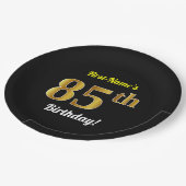 ブラック、フェイク金ゴールド85番目の誕生日+名前をカスタムする ペーパープレート (アングル)