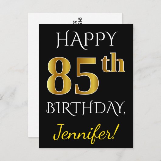 ブラック、フェイク金ゴールド85番目の誕生日+名前をカスタムする ポストカード (正面/裏面)