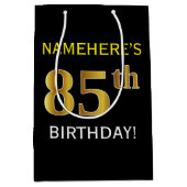 ブラック、フェイク金ゴールド85番目の誕生日+名前をカスタムする ミディアムペーパーバッグ (正面)