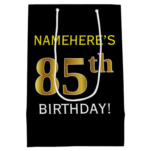 ブラック、フェイク金ゴールド85番目の誕生日+名前をカスタムする ミディアムペーパーバッグ (裏面)