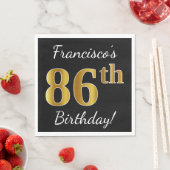 ブラック、フェイク金ゴールド86番目の誕生日+名前をカスタムする スタンダードランチョンナプキン (インサイチュ)