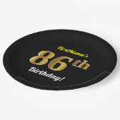 ブラック、フェイク金ゴールド86番目の誕生日+名前をカスタムする ペーパープレート (アングル)