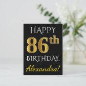 ブラック、フェイク金ゴールド86番目の誕生日+名前をカスタムする ポストカード (スタンド正面)