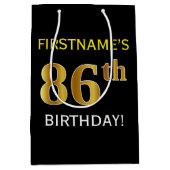 ブラック、フェイク金ゴールド86番目の誕生日+名前をカスタムする ミディアムペーパーバッグ (正面)