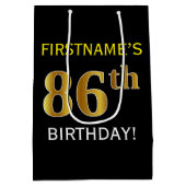 ブラック、フェイク金ゴールド86番目の誕生日+名前をカスタムする ミディアムペーパーバッグ (裏面)