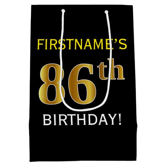 ブラック、フェイク金ゴールド86番目の誕生日+名前をカスタムする ミディアムペーパーバッグ (裏面)