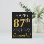 ブラック、フェイク金ゴールド87番目の誕生日+名前をカスタムする ポストカード (スタンド正面)
