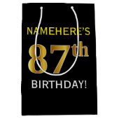 ブラック、フェイク金ゴールド87番目の誕生日+名前をカスタムする ミディアムペーパーバッグ (正面)