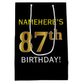 ブラック、フェイク金ゴールド87番目の誕生日+名前をカスタムする ミディアムペーパーバッグ (裏面)