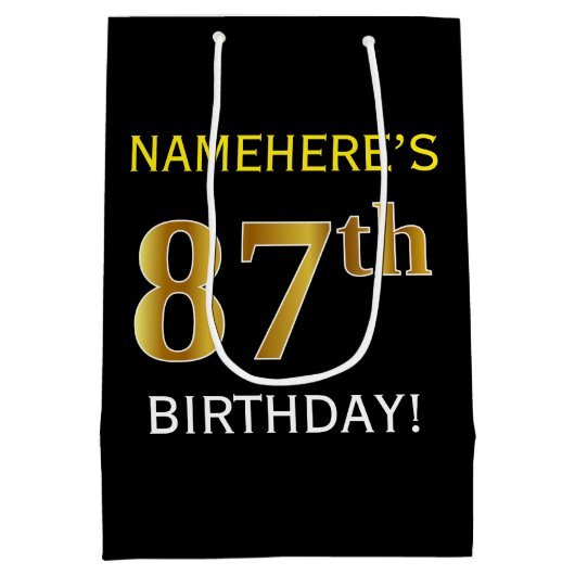 ブラック、フェイク金ゴールド87番目の誕生日+名前をカスタムする ミディアムペーパーバッグ (裏面)