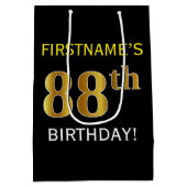 ブラック、フェイク金ゴールド88誕生日+名前をカスタムする ミディアムペーパーバッグ (裏面)