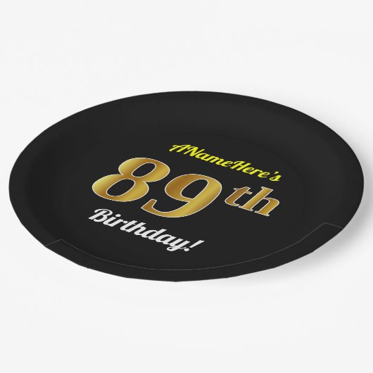 ブラック、フェイク金ゴールド89誕生日+名前をカスタムする ペーパープレート (アングル)