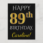 ブラック、フェイク金ゴールド89誕生日+名前をカスタムする ポストカード (正面)