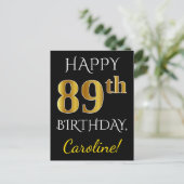 ブラック、フェイク金ゴールド89誕生日+名前をカスタムする ポストカード (スタンド正面)