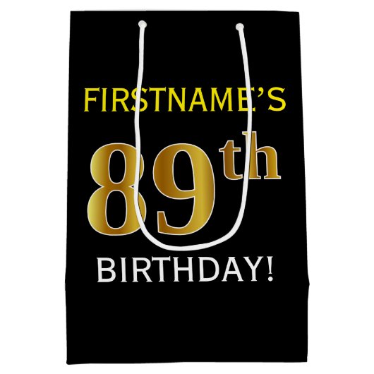 ブラック、フェイク金ゴールド89誕生日+名前をカスタムする ミディアムペーパーバッグ (裏面)