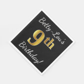 ブラック、フェイク金ゴールド9誕生日+名前をカスタムする スタンダードランチョンナプキン (角)