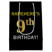 ブラック、フェイク金ゴールド9誕生日+名前をカスタムする ミディアムペーパーバッグ (裏面)