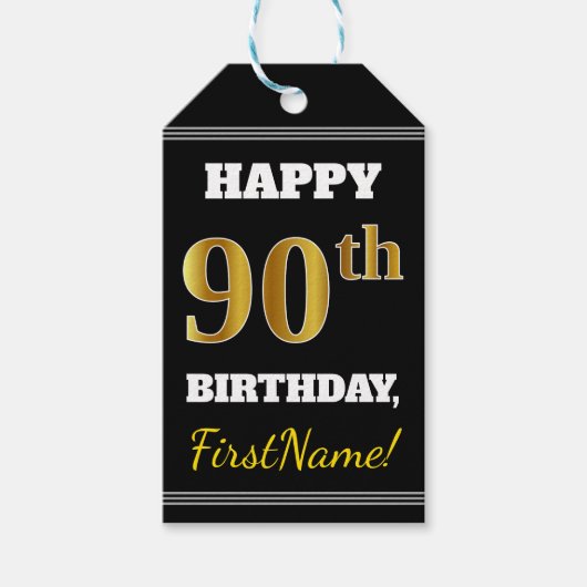 ブラック、フェイク金ゴールド90誕生日+名前をカスタムする ギフトタグ (正面)