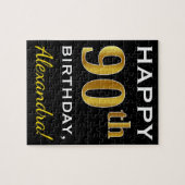 ブラック、フェイク金ゴールド90誕生日+名前をカスタムする ジグソーパズル (横)