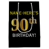 ブラック、フェイク金ゴールド90誕生日+名前をカスタムする ミディアムペーパーバッグ (裏面)