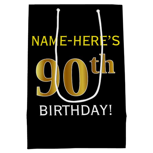 ブラック、フェイク金ゴールド90誕生日+名前をカスタムする ミディアムペーパーバッグ (裏面)