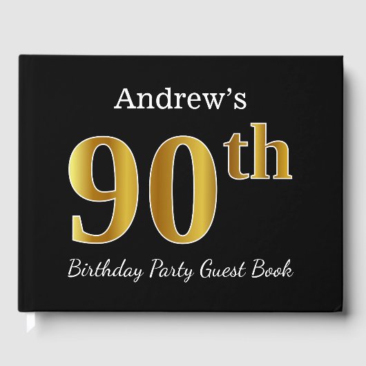 ブラック、フェイク金ゴールド90th誕生日パーティー+名前をカスタムする ゲストブック (正面)