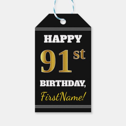 ブラック、フェイク金ゴールド91番目の誕生日+名前をカスタムする ギフトタグ (正面)