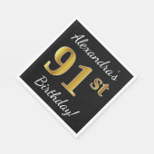 ブラック、フェイク金ゴールド91番目の誕生日+名前をカスタムする スタンダードランチョンナプキン (角)