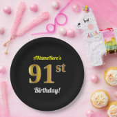ブラック、フェイク金ゴールド91番目の誕生日+名前をカスタムする ペーパープレート (パーティー)