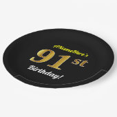 ブラック、フェイク金ゴールド91番目の誕生日+名前をカスタムする ペーパープレート (アングル)