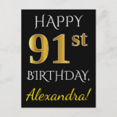 ブラック、フェイク金ゴールド91番目の誕生日+名前をカスタムする ポストカード (正面)