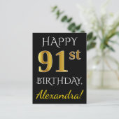 ブラック、フェイク金ゴールド91番目の誕生日+名前をカスタムする ポストカード (スタンド正面)