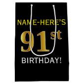 ブラック、フェイク金ゴールド91番目の誕生日+名前をカスタムする ミディアムペーパーバッグ (裏面)