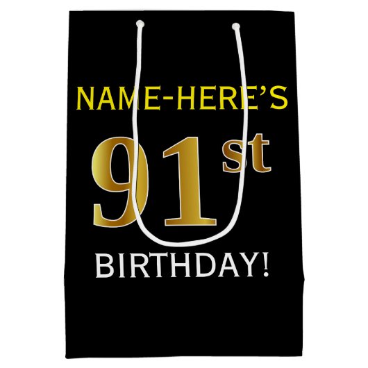 ブラック、フェイク金ゴールド91番目の誕生日+名前をカスタムする ミディアムペーパーバッグ (裏面)