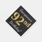 ブラック、フェイク金ゴールド92番目の誕生日+名前をカスタムする スタンダードランチョンナプキン (角)