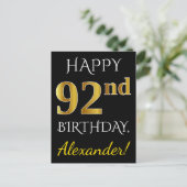 ブラック、フェイク金ゴールド92番目の誕生日+名前をカスタムする ポストカード (スタンド正面)